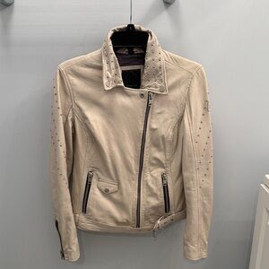 Mauritius Beige Leather Jacket with Stud Accents & Belt.